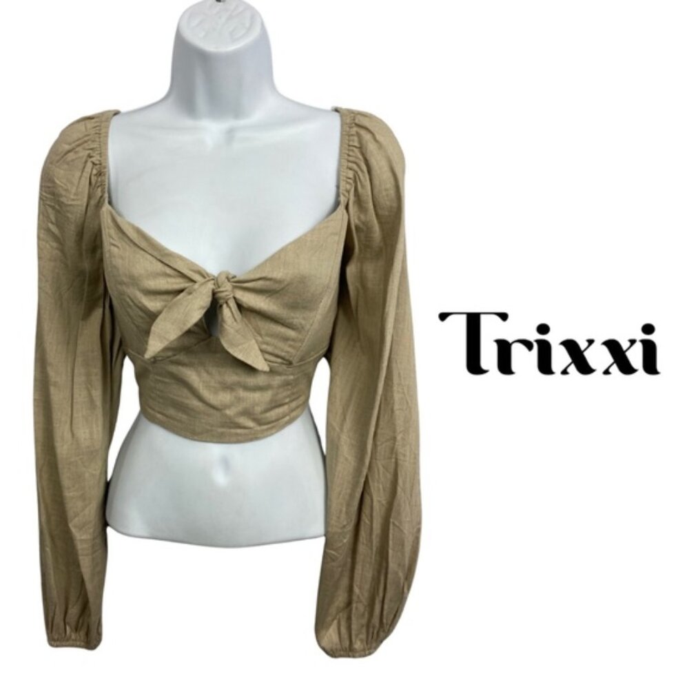 Trixxi Linen Blend Long Sleeve Puff Shoulder Crop Top with Tie Front –Size Small